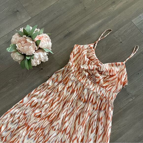 New Nine West Ikat Orange Twist Front High Low Midi Dress - Picture 3 of 7